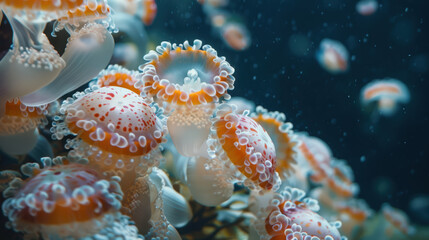 Wall Mural - A cluster of jellyfish with orange and white spots