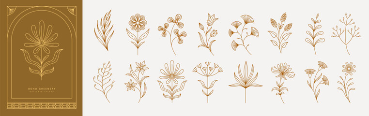 set of boho simple geometric branch and flowers. botanic design elements in wavy and vintage style. 