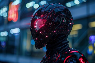 Sticker - Side view of a person wearing an illuminated led helmet with neon city lights in the background