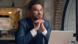 © Yuliia - Pensive doubtful man Indian Arabian businessman 30s millennial thinking idea ponder question decide consider choose search answer think planning analyzing thoughtful puzzled male business guy office