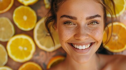 A beautiful woman with a radiant smile is surrounded by fresh orange