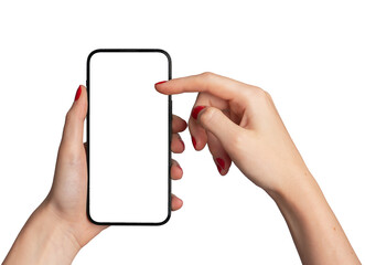 hand holding mobile phone screen mock up, showing smartphone mockup, scrolling display, isolated on 