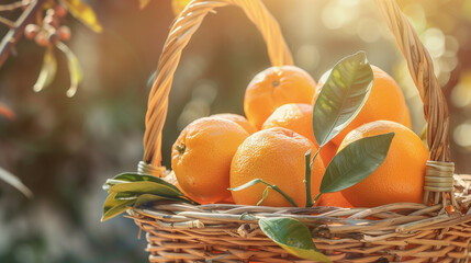 Wall Mural - Basket of Fresh Oranges in Sunlit Garden