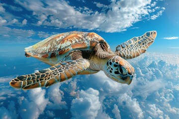 Canvas Print - A turtle flying through the clouds with a blue sky background. AI.