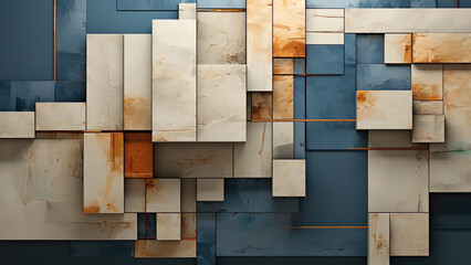 Wall Mural - Rectangles Beige and Dark Blue - abstract, geometric, shapes, art, modern, contemporary, design, pattern, rectangles, squares, blue, brown, beige, rust, structure