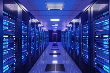 Canvas Print - Hightech data center with rows of server racks illuminated by blue led lighting