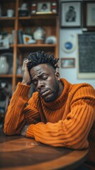 Canvas Print - A man in an orange sweater sitting at a table. AI.