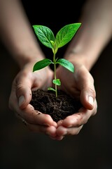 Poster - A person holding a small plant in their hands. AI.