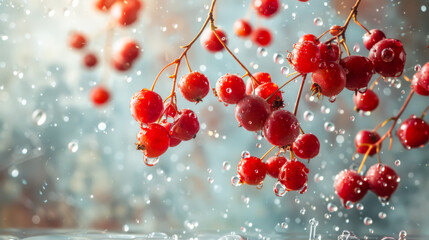 Wall Mural - Red berries on a branch in snow flakes against a blue sky. Wild berries outdoors.