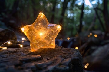 Poster - Magical starshaped light fixture radiates warm, ambient light on a stone in a mystical twilight forest setting