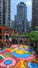 Canvas Print - A colorful mural on the ground of a city  with tall buildings in the background. AI.