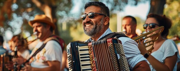 Traditional band playing accordion and brass instruments, entertaining the crowd.