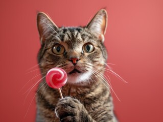 Canvas Print - A cat holding a lollipop. AI.