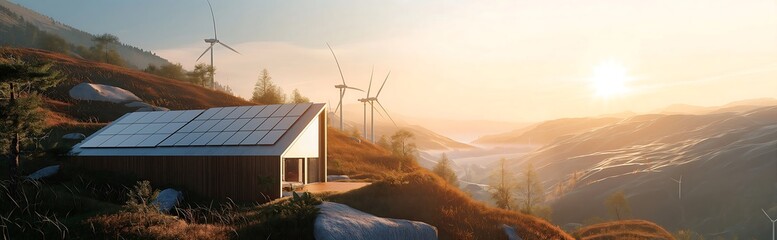 Solar energy production on roof and Green technology, small house made of steel, surrounded by wind turbines, in the top of mountains. Generative AI