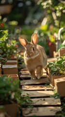 Poster - A cute bunny rabbit walks along a path in a garden. AI.