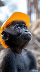 Poster - A monkey wearing a yellow hard hat looks up. AI.