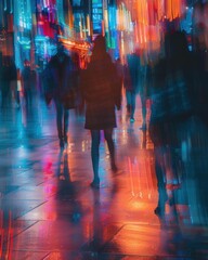 Sticker - Blurred figures walking through a city at night, illuminated by colorful lights reflecting on the wet pavement. AI.