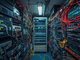 Sticker - A server room with many cables and wires. AI.