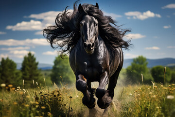 a black horse from the front running in a field high quality