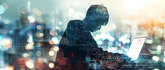 Digital technology, software development concept. Coding programmer, software engineer working on laptop with circuit board and javascript on virtual screen, internet of things IoT