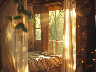 Poster - Sunlight streams through the curtains of a cozy bedroom. AI.