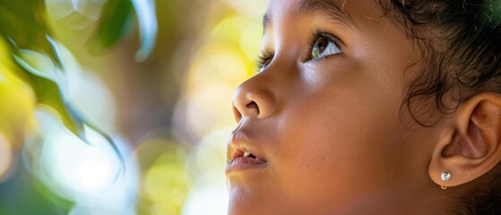 Wall Mural - A child looks up with wonder. AI.