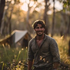 Wall Mural - Man smiles in front of a tent in the woods. AI.