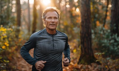 Wall Mural - A man runs through the woods, enjoying the fresh air and sunlight. AI.