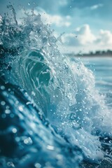 Wall Mural - A close-up of a wave crashing in the ocean. AI.