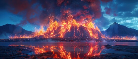 Wall Mural - a fiery eruption illuminates the night sky, reflecting in the water below. ai.