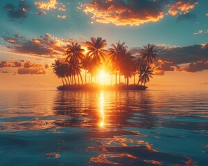 Wall Mural - Sunset over a tropical island. AI.