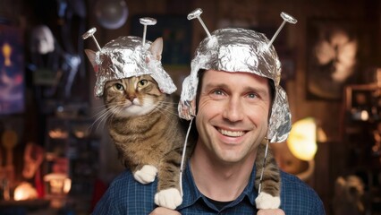 Wall Mural - A man with a cat wearing tin foil hats on his head, AI