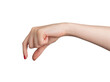 © valiantsin - A hand using two fingers to hold and measure an invisible, small object. The gesture is isolated on a white background, with a focus on the elegant red polish of the nails. The., transparent PNG