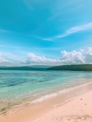 Wall Mural - A sandy beach with clear blue water and a bright sky. AI.