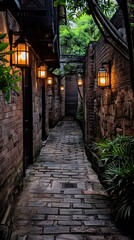 Wall Mural - A brick walkway with a few lights on it. The walkway is dark and narrow