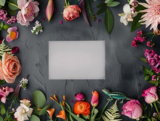 Canvas Print - Blank Card Surrounded by Flowers and a Chameleon