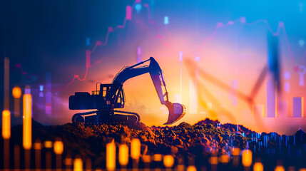 A stock market graph with an excavator working on a construction site, representing the growth & of heavy equipment industries and construction.