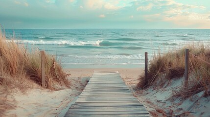 Wall Mural - beautiful sandy beach with blue sea and wooden boardwalk in the background