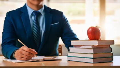 Wall Mural - Generative AI School teacher's desk with stack of books and apple