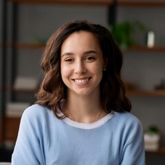 Wall Mural - Headshot of satisfied cheerful mixed race girl smiling at camera