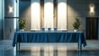 © Bettina - Empty long table in a conference room. Behind it are three identical roll-up banners in white. Modern space for corporate presentations and business events, minimalist and elegant decoration.