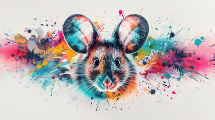 Wall Mural -   A multicolored mouse with splattered paint on its face and a black nose is depicted in the painting