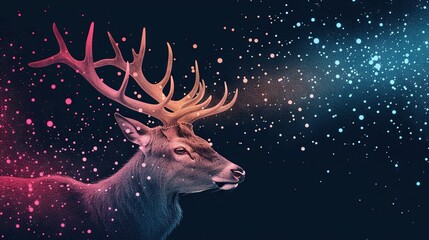 Wall Mural -   A close-up shot of a deer with antlers on its head against a backdrop of a star-filled sky