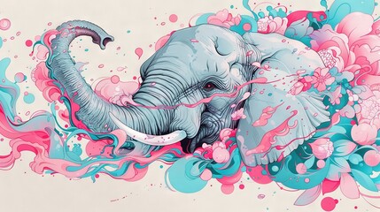 Wall Mural -   Elephant Face - A stunning artwork showcasing the magnificent creature's face adorned with vibrant splashes of pink and blue paint