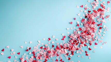  Pink and red heart cluster on blue backdrop with white-red confetti cascade