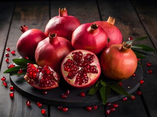 Wall Mural - Pomegranates in a plate on a wooden table