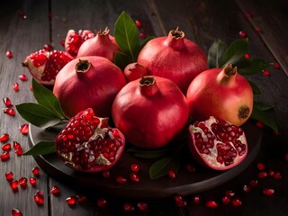 Wall Mural - Pomegranates in a plate on a wooden table