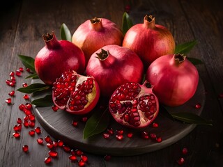 Wall Mural - Pomegranates in a plate on a wooden table