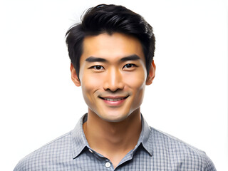 A young Asian man with short, black hair and a warm smile, dressed in a light gray checkered shirt.