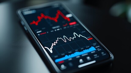 A close-up of a stock market app with detailed performance graphs and charts